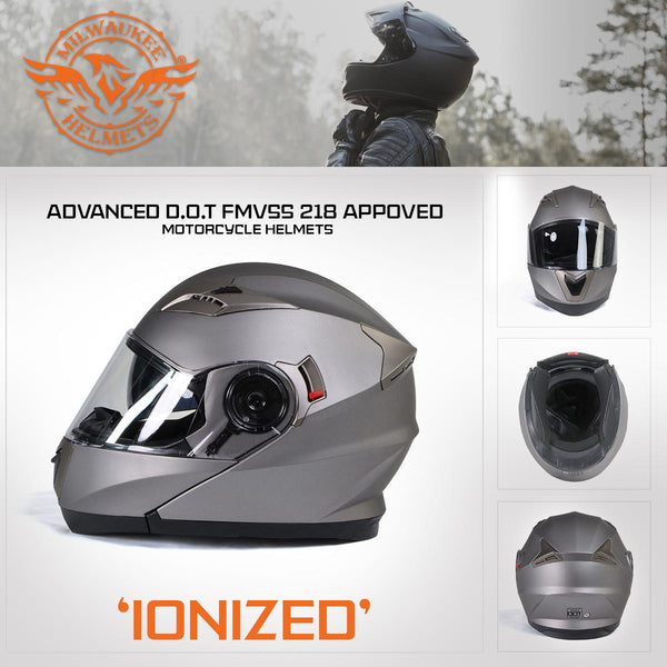 Milwaukee Helmets MPH9808DOT 'Ionized' Silver Advanced Motorcycle Modular Helmet for Men and Women Biker w/ Drop Down Visor