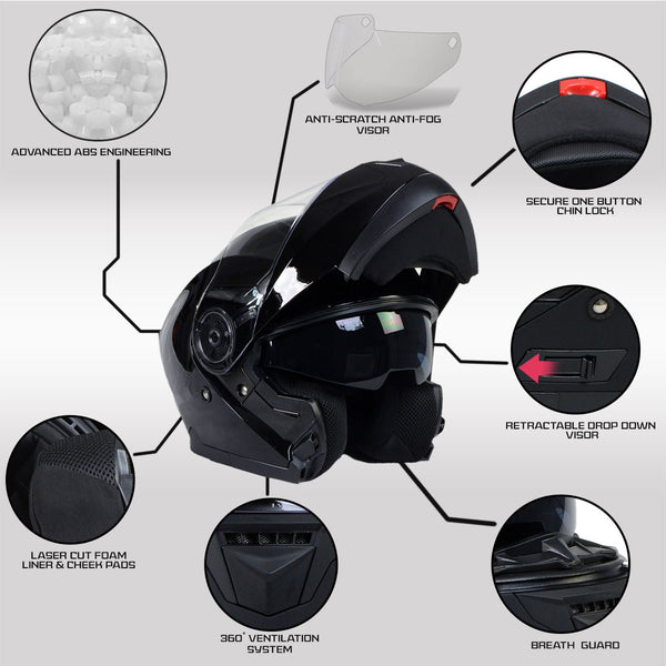 Milwaukee Helmets MPH9815DOT 'Breeze' Gloss Black Advanced Motorcycle Modular Helmet for Men and Women Biker w/ Drop Down Visor