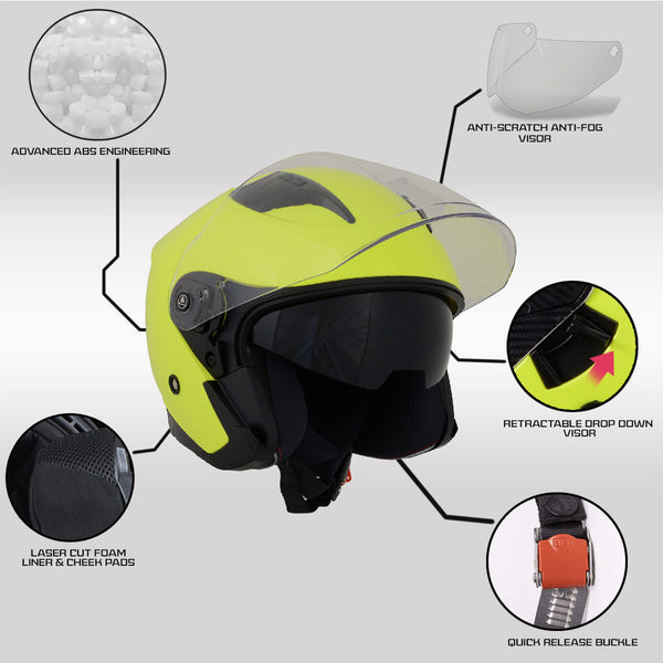 Milwaukee Helmets MPH9823DOT Shift Open Face 3/4 Neon Yellow Helmet Biker w/ Drop Down Visor