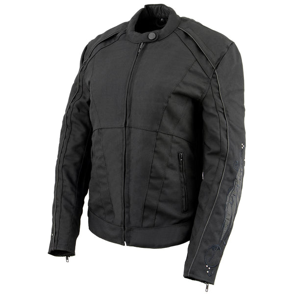 Milwaukee Leather SH1954 Women's Black Textile Jacket with Stud and Wings Detailing