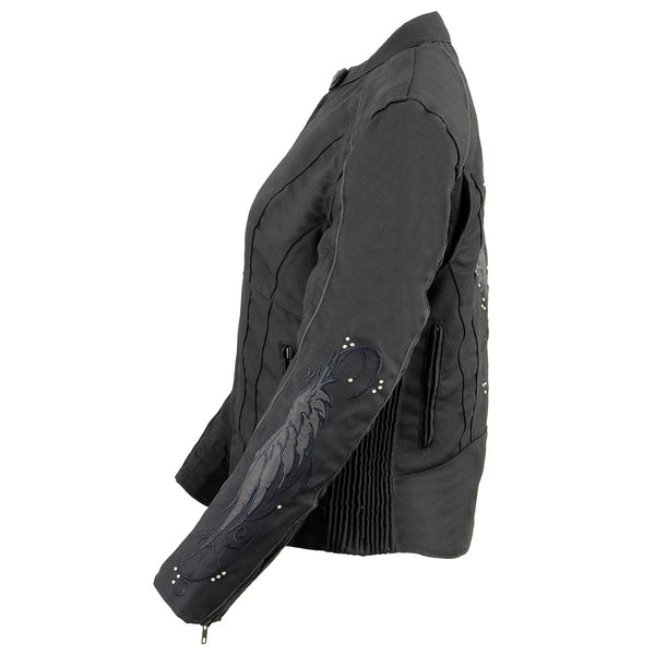 Milwaukee Leather SH1954 Women's Black Textile Jacket with Stud and Wings Detailing