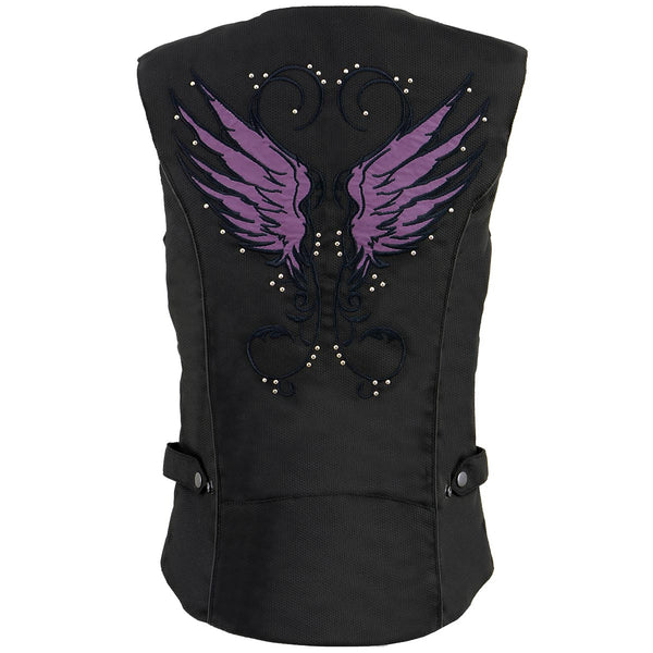 Milwaukee Leather MPL1955 Ladies 'Winged Embroidery' Black and Purple Textile Vest