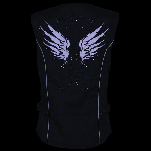 Milwaukee Leather SH1955 Ladies Black and Purple Textile Vest with Wing Embroidery