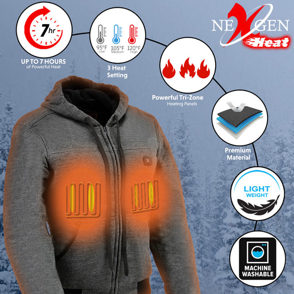 Nexgen Heat MPL2713SET Women Grey 'Heated' Front Zipper Fiery Hoodie Jacket for Outdoor Activities w/ Battery Pack