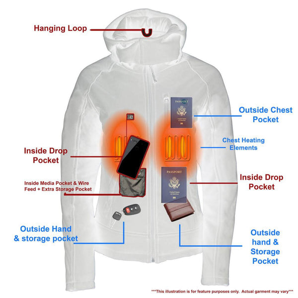 Nexgen Heat MPL2767SET Women's Black 'Heated' Soft Shell Jacket with Detachable Hood for Riding Hiking Winter Outdoor Activities