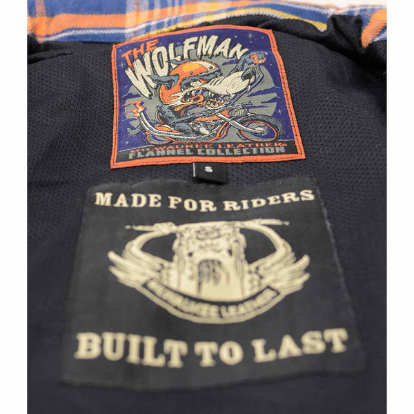 Milwaukee Leather MPM1656 Blue and Orange Flannel Biker Shirt for Men with CE Armor - Reinforced w/ Aramid Fiber
