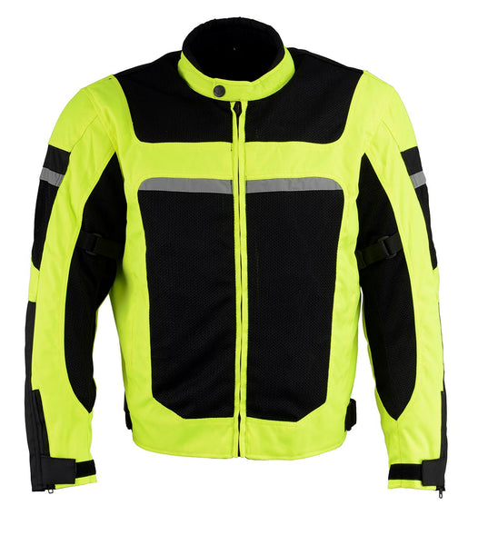 Milwaukee Leather MPM1794 High Vis Green Armored Mesh Racer Jacket with Reflective Piping for Men - All Season Jacket