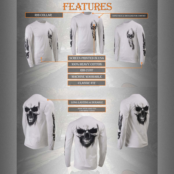 Milwaukee Leather MPMH117004 Men's 'Ghost Skull' White Long Sleeve Printed T-Shirt - Large