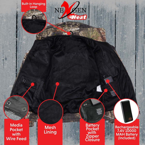 Nexgen Heat NXM1776SET Men's Camouflaged Heated Zipper Hoodies - Warming Camo Hoodie for Hunting w/ Battery