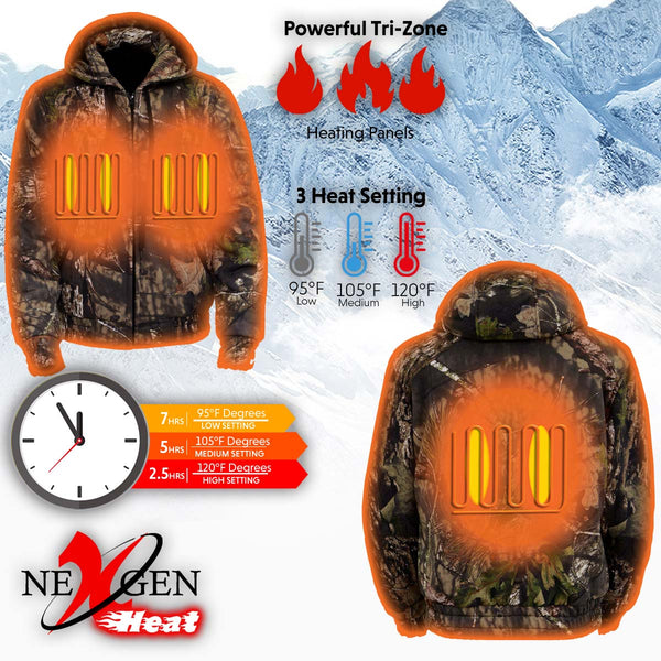 Nexgen Heat NXM1776SET Men's Camouflaged Heated Zipper Hoodies - for Outdoor Winter Cold Weather Activities