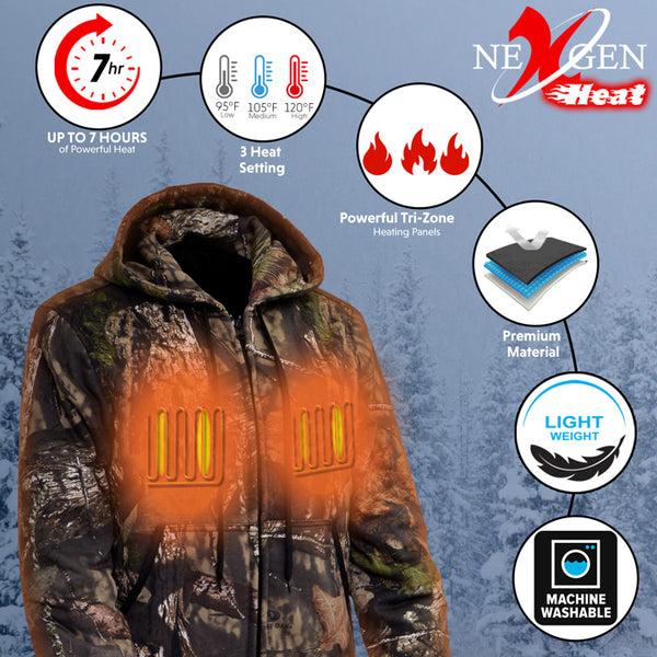 Nexgen Heat NXM1776SET Men's Camouflaged Heated Zipper Hoodies - for Outdoor Winter Cold Weather Activities