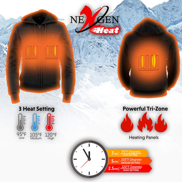 Nexgen Heat MPL2713SET Women Black 'Heated' Front Zipper Fiery Hoodie Jacket for Outdoor Activities w/ Battery Pack