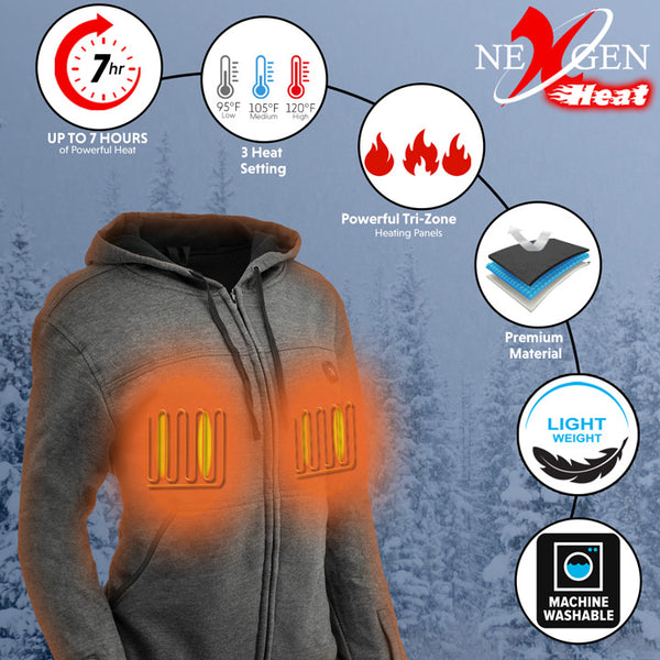 Nexgen Heat NXL2717DUAL Technology Women's Heated Hoodie - Grey Sweatshirt Jacket for Winter Season w/ Battery Pack