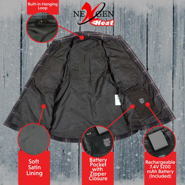 NexGen Heat Men's NXM1602SET Riffraff Black/Grey/Red Heated Flannel Sleeve Shirt for Outdoor Activities w/ Battery