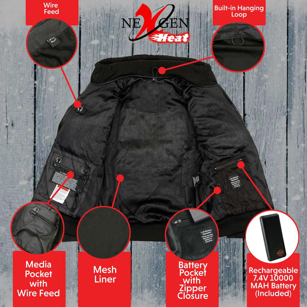 Nexgen Heat NXM1713SET Men's “Fiery’’ Heated Hoodie- Black Zipper Front Sweatshirt Jacket for Winter w/Battery Pack