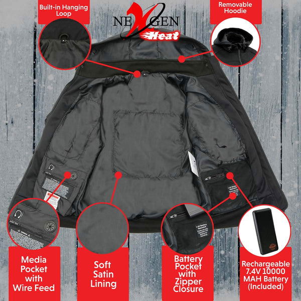 Nexgen Heat NXL2761SET Women’s Black 'Igniter' Heated Soft Shell Hooded Jacket (Rechargeable 10000mAh Battery Pack Included)