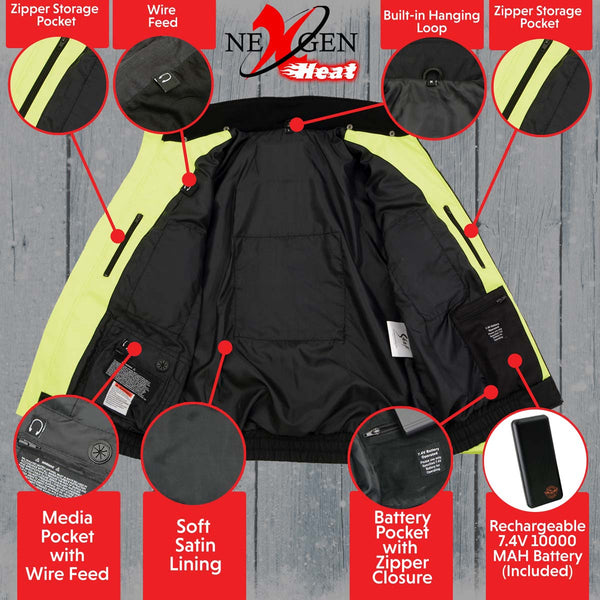 Nexgen Heat MPM1773SET Men's Heated High Visibility Work Hoodie, Neon Green Hi Vis Reflective Hoodie