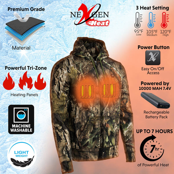 Nexgen Heat NXM1776SET Men's Camouflaged Heated Zipper Hoodies - Warming Camo Hoodie for Hunting w/ Battery
