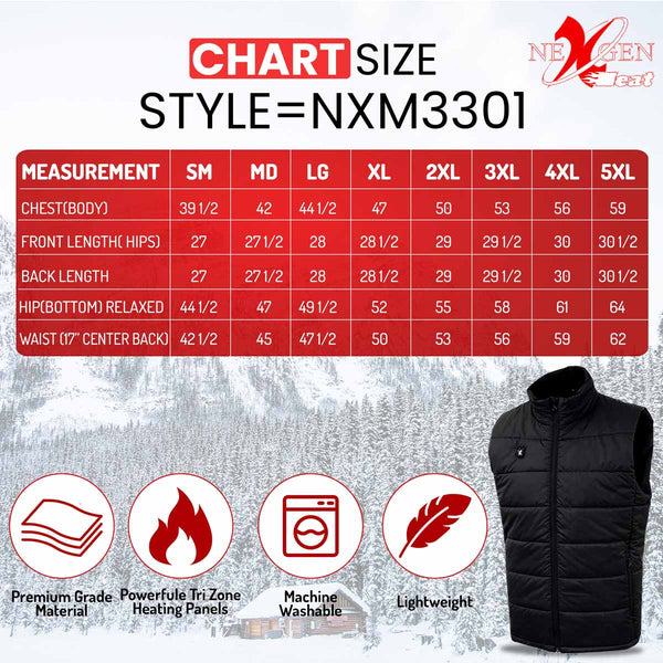 Nexgen Heat Men's NXM3301SET Puffer Black Heated Winter Vest - for Outdoor Cold Weather Activities