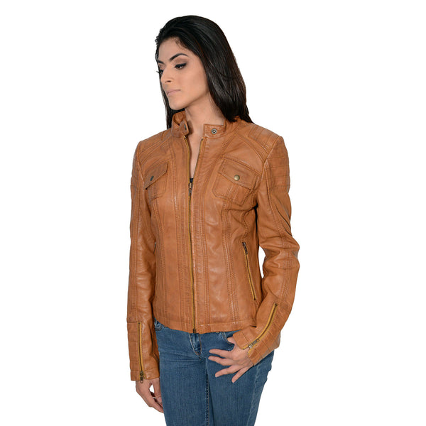 Milwaukee Leather SFL2805 Women's Cognac 'Quilted' Mandarin Collar Fashion Casual Leather Jacket