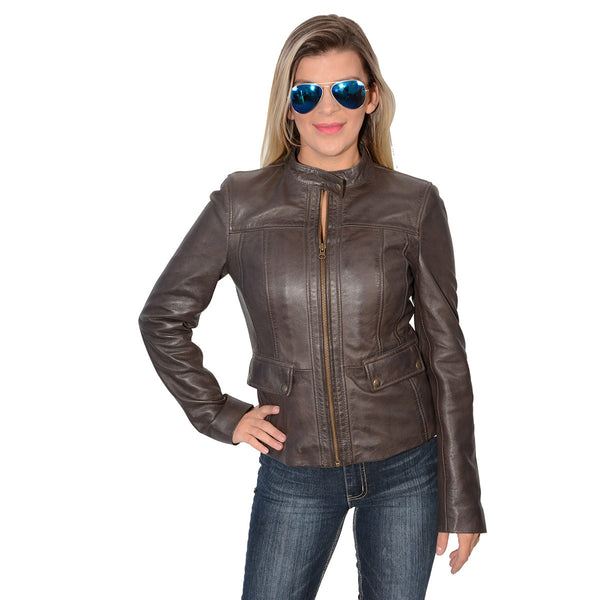 Milwaukee Leather SFL2825 Women's Snap Collar Brown Lambskin Leather Jacket