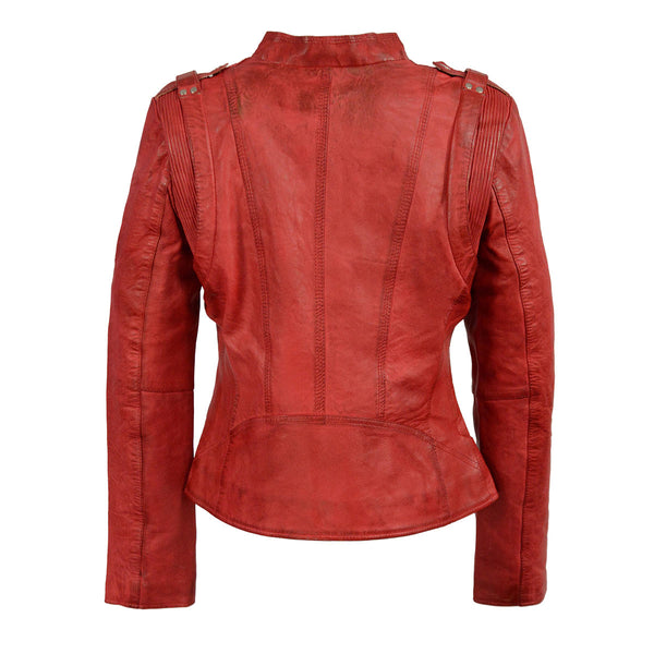 Milwaukee Leather SFL2845 Women's Distressed Red Leather Motorcycle Style Jacket with Asymmetrical Zipper