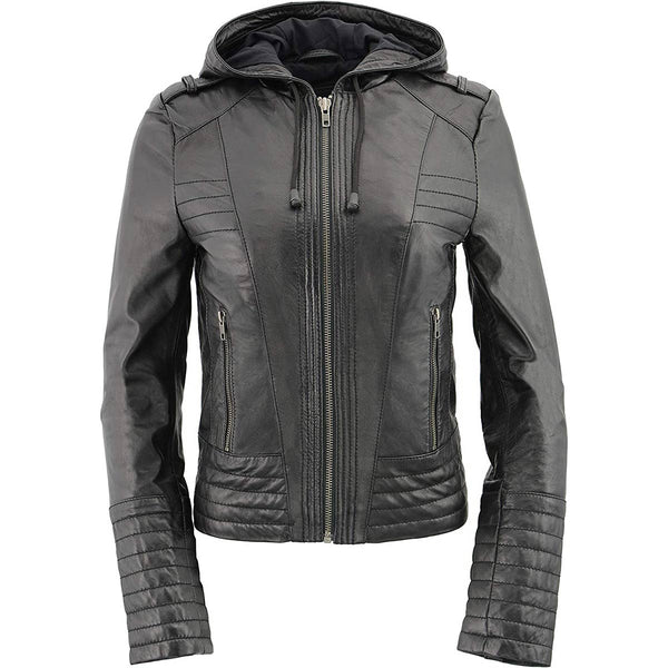 M-Boss Apparel BOS3554 Women's Black Premium Leather Fashion Biker Style Jacket w/ Hoodie