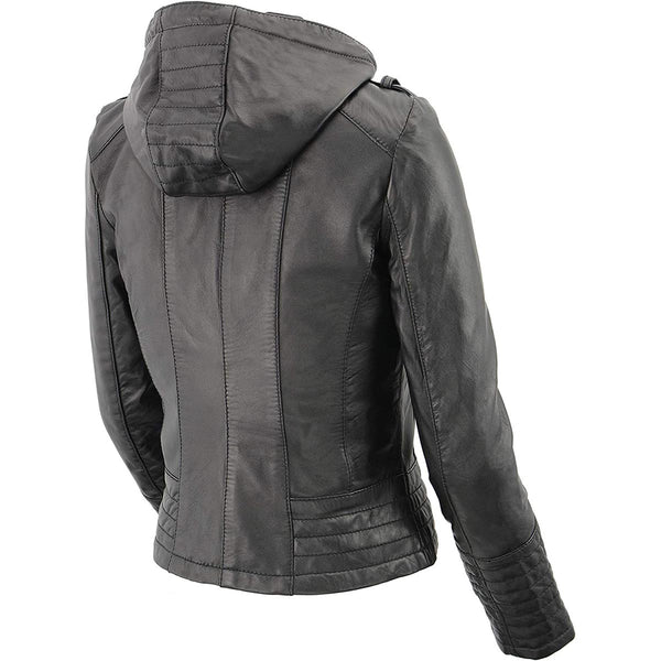 M-Boss Apparel BOS3554 Women's Black Premium Leather Fashion Biker Style Jacket w/ Hoodie