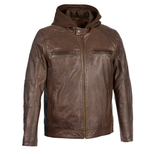 Milwaukee Leather SFM1850 Men's Broken Brown Snap Collar Motorcycle Style Fashion Casual Leather Jacket with Removable Hoodie
