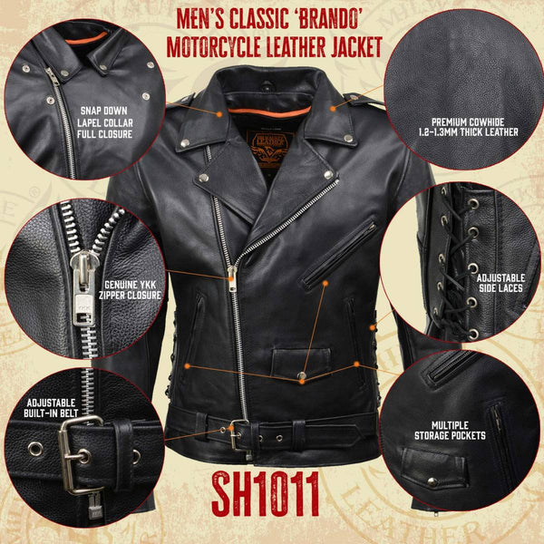 Milwaukee Leather SH1011TALL Black Classic Brando Motorcycle Jacket for Men Made of Cowhide Leather w/ Side Lacing