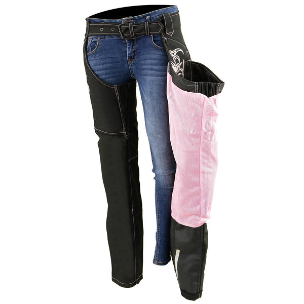 Milwaukee Leather SH1182 Women's Black with Pink Textile Motorcycle Riding Chaps with Tribal Embroidery