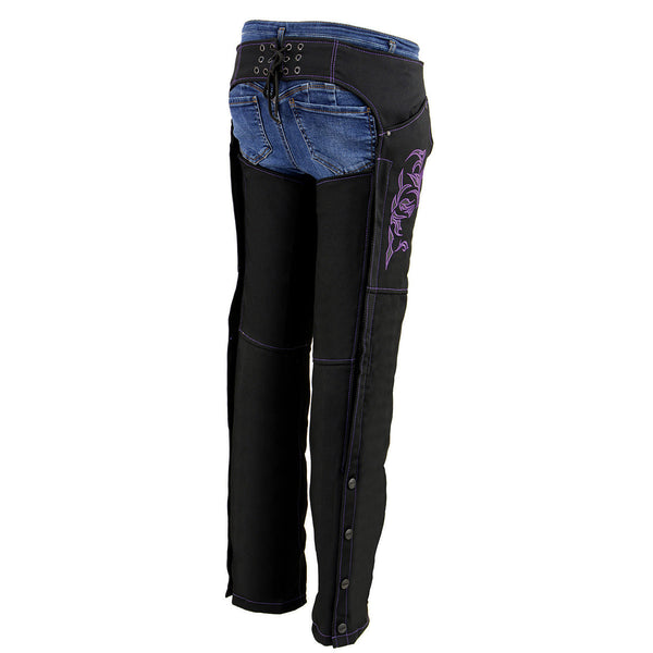 Milwaukee Leather SH1182 Women's Black with Purple Textile Motorcycle Riding Chaps with Tribal Embroidery