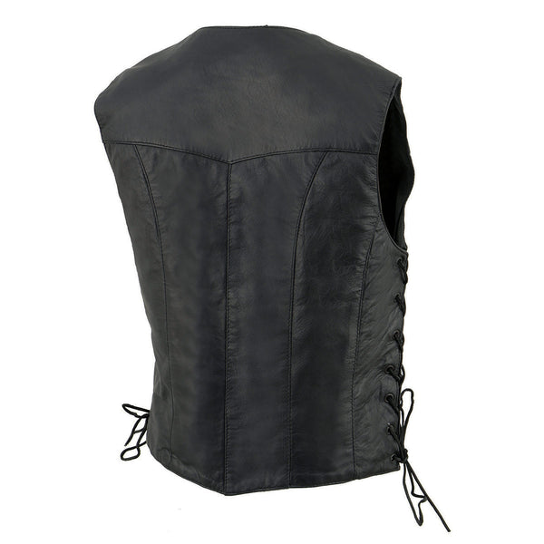 Milwaukee Leather SH1227L Women's Black Leather Side Laces Classic Western Motorcycle Rider Vest W/4-Snaps Closure
