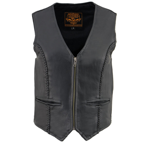Milwaukee Leather SH1246 Women's Classic Black Leather Zipper Front Vest