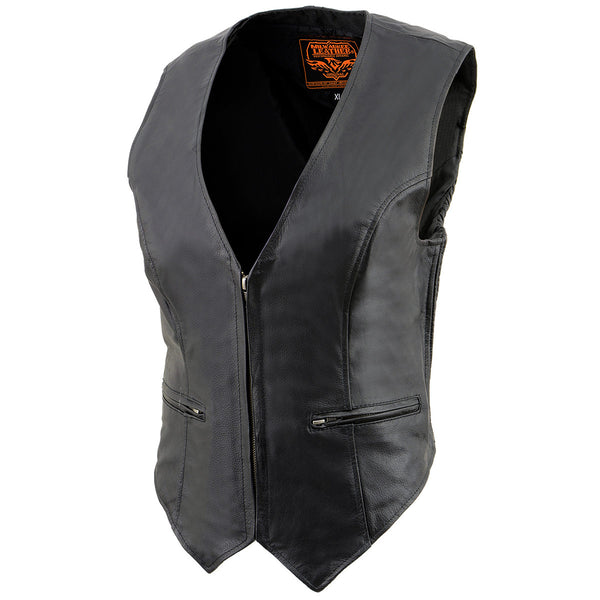Milwaukee Leather SH1288 Women's Black Leather Deep V-Neck Motorcycle Rider Vest with Side Stretch Panels