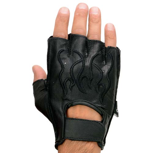 Milwaukee Leather SH198 Men's Black Leather Gel Padded Palm Fingerless Motorcycle Hand Gloves W/ ‘Black Flame Embroidered’