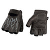 Milwaukee Leather SH198 Men's Black Leather Gel Padded Palm Fingerless Motorcycle Hand Gloves W/ ‘Grey Flame Embroidered’