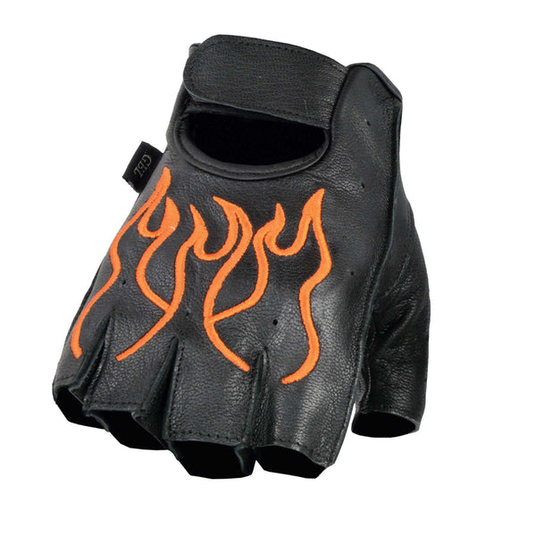 Milwaukee Leather SH198 Men's Black Leather Gel Padded Palm Fingerless Motorcycle Hand Gloves W/ ‘Orange Flame Embroidered’