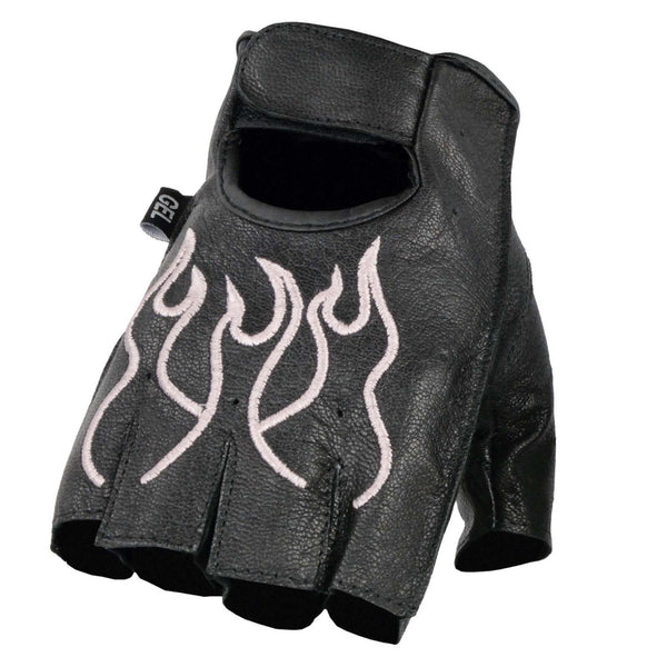 Milwaukee Leather SH198 Women's Black Leather Gel Padded Palm Fingerless Motorcycle Hand Gloves W/ ‘Pink Flame Embroidered’
