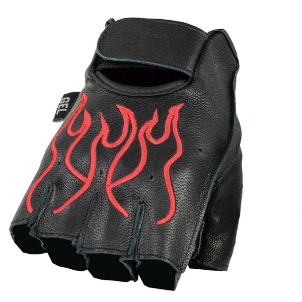 Milwaukee Leather SH198 Men's Black Leather Gel Padded Palm Fingerless Motorcycle Hand Gloves W/ ‘Red Flame Embroidered’