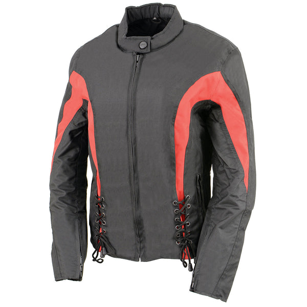 Nexgen SH2188 Women's Black and Red Textile Motorcycle Riding Jacket with Side Stretch and Lacing