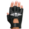 Milwaukee Leather SH353 Men's Black Leather Gel Padded Palm Fingerless Motorcycle Hand Gloves W/ ‘Embroidered Skull & Bones’