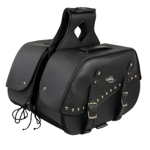 Milwaukee Leather SH655ZB Black Zip-Off Two Buckle Extended Lid Studded PVC Throw Over Motorcycle Saddle Bag (19X12X7X20)