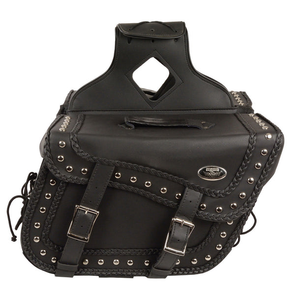 Milwaukee Leather SH66401ZB Black Large 'Studded and Braided' Zip-Off PVC Throw Over Motorcycle Saddlebags
