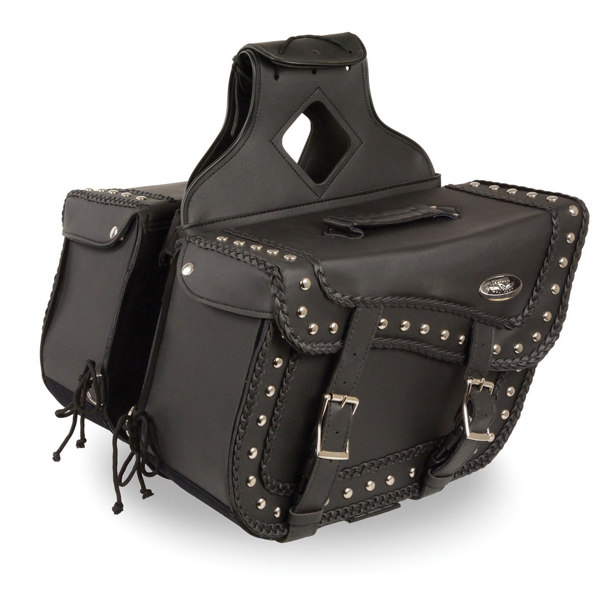 Milwaukee Leather SH66401ZB Black Large 'Studded and Braided' Zip-Off PVC Throw Over Motorcycle Saddlebags