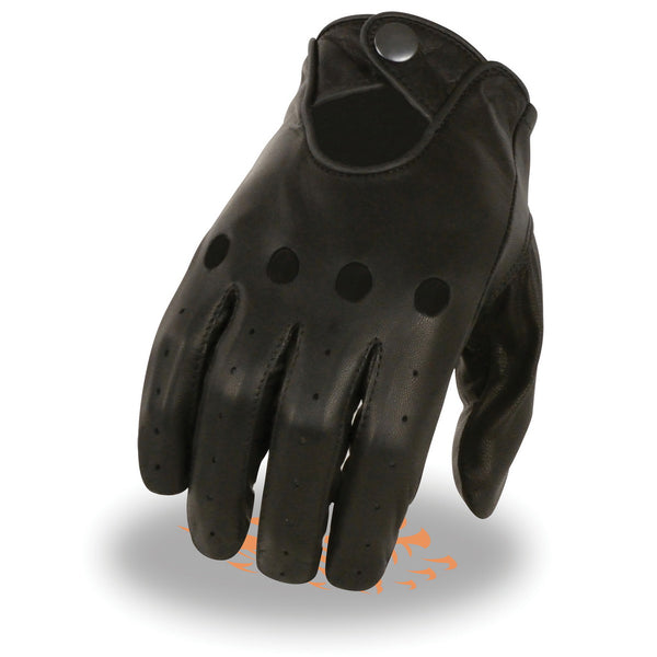 Milwaukee Leather SH729 Men's Black Perforated Leather Full Finger Motorcycle Hand Gloves W/ Breathable ‘Open Knuckle’
