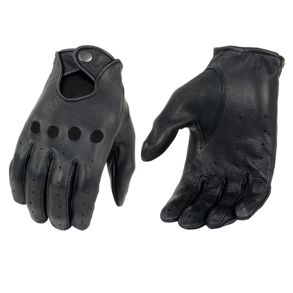 Milwaukee Leather SH869 Men's Black Perforated Deerskin Full Finger Motorcycle Hand Gloves W/ Breathable ‘Open Knuckle’