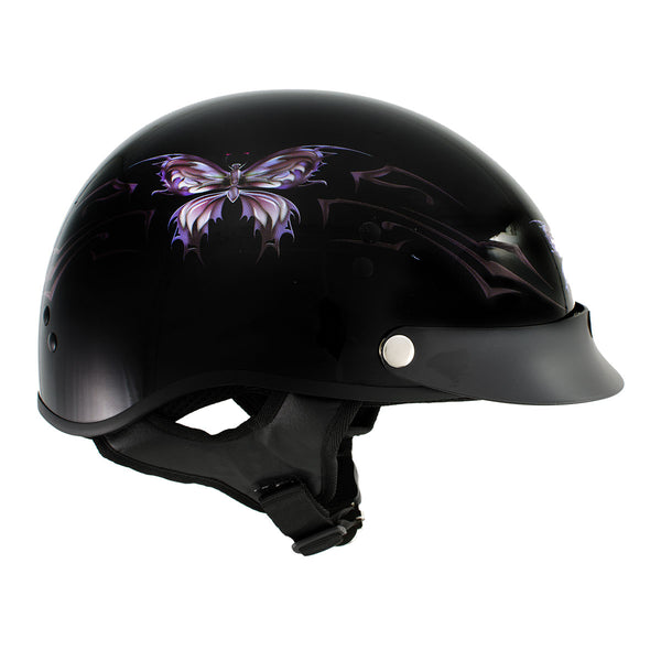 Hot Leathers HLT70 'Purple Butterfly' Glosy Black Advanced DOT Motorcycle Half Face Biker Helmet