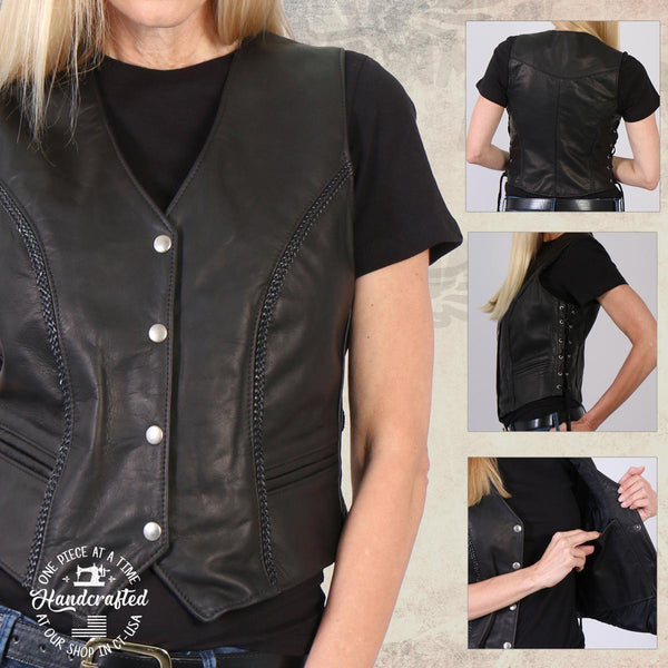 Milwaukee Leather USA MADE MLVSL5001 Women's Black 'Vivacious' Braided Motorcycle Leather Vest