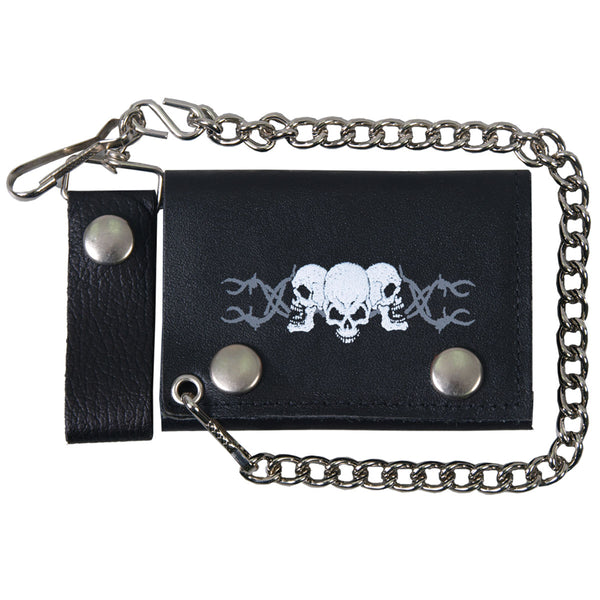 Hot Leathers WLB1014 Barbed Wire Skulls Black Leather Bi-Fold Wallet with Chain